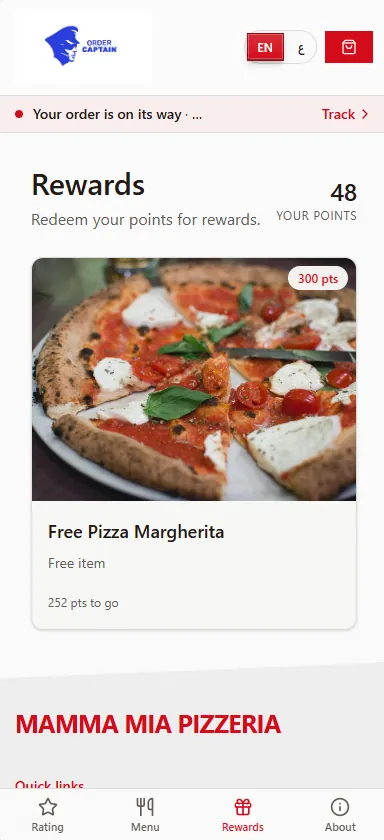 The rewards page: 48 points, next reward a free Pizza Margherita