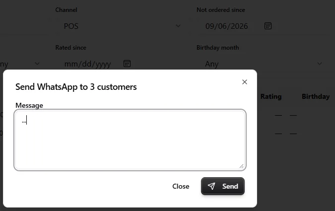 The customers screen: filtered to guests who haven't ordered since a date, with a WhatsApp message to 3 of them