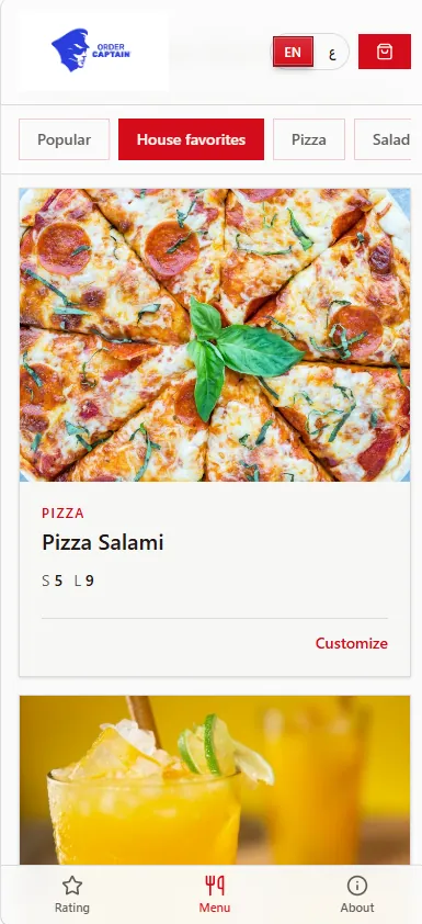 The menu on a guest's phone: category tabs and a Pizza Salami in two sizes