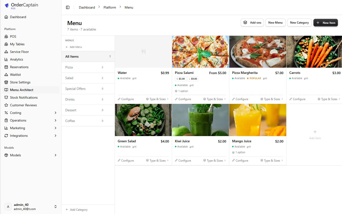 The menu dashboard: dishes by category, with availability and a popular flag